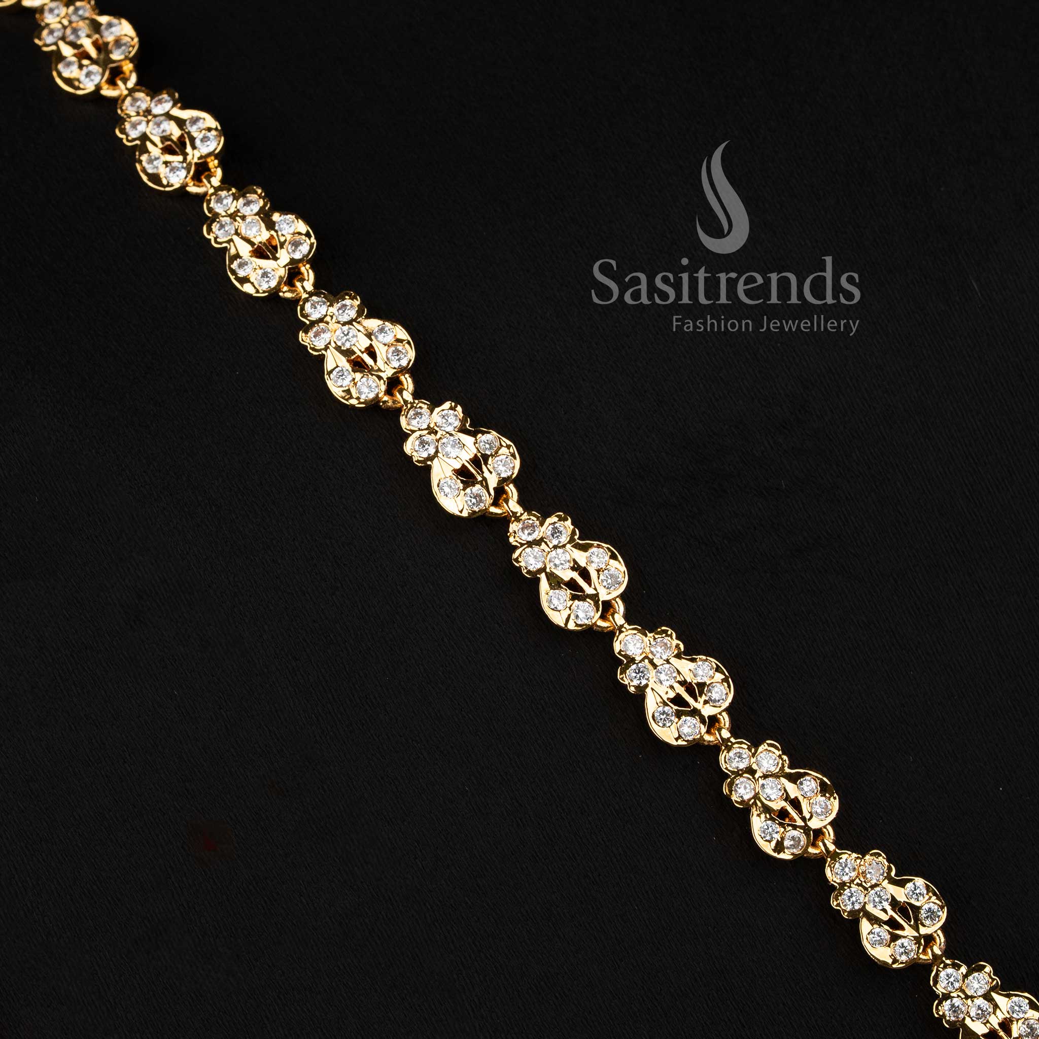 Elegant bridal-style AD stone long haram chain ensemble with a dual peacock pendant.