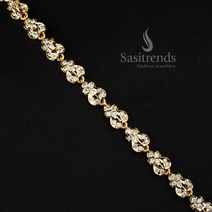 Elegant bridal-style AD stone long haram chain ensemble with a dual peacock pendant.