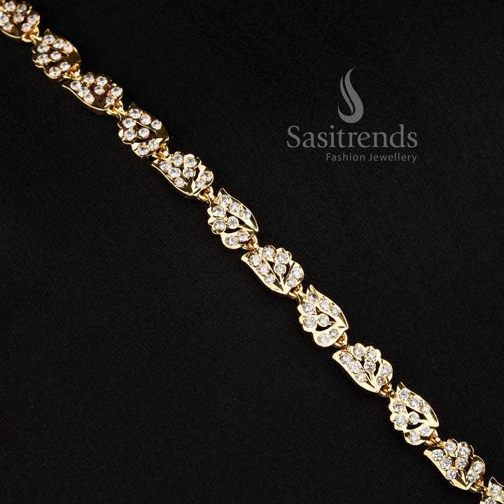 Elegant bridal-style AD stone long haram chain ensemble with a dual peacock pendant.