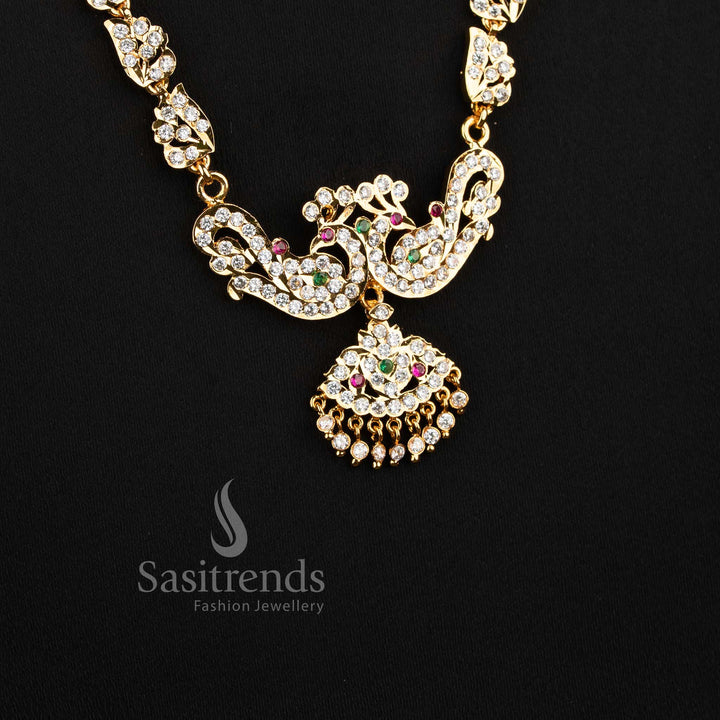 Stylish micro gold plated wedding jewellery haram with brilliant white American Diamond clusters.