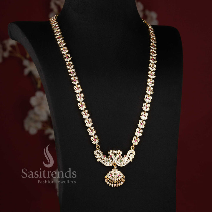 Traditional Micro Gold Plated Handmade Impon Gati Long Haram Dual Peacock Pendant AD Necklace Jewellery - Sasitrends