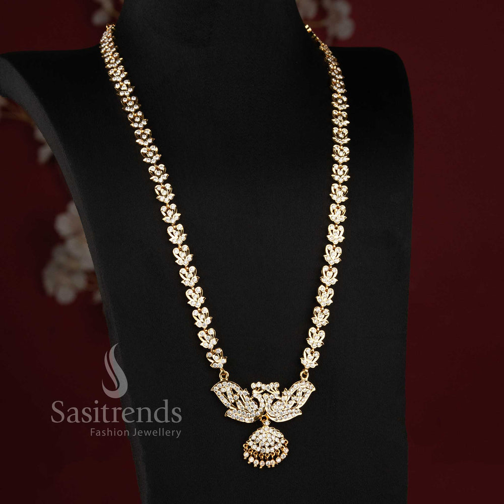 Stylish micro gold plated wedding jewellery haram with brilliant white American Diamond clusters.