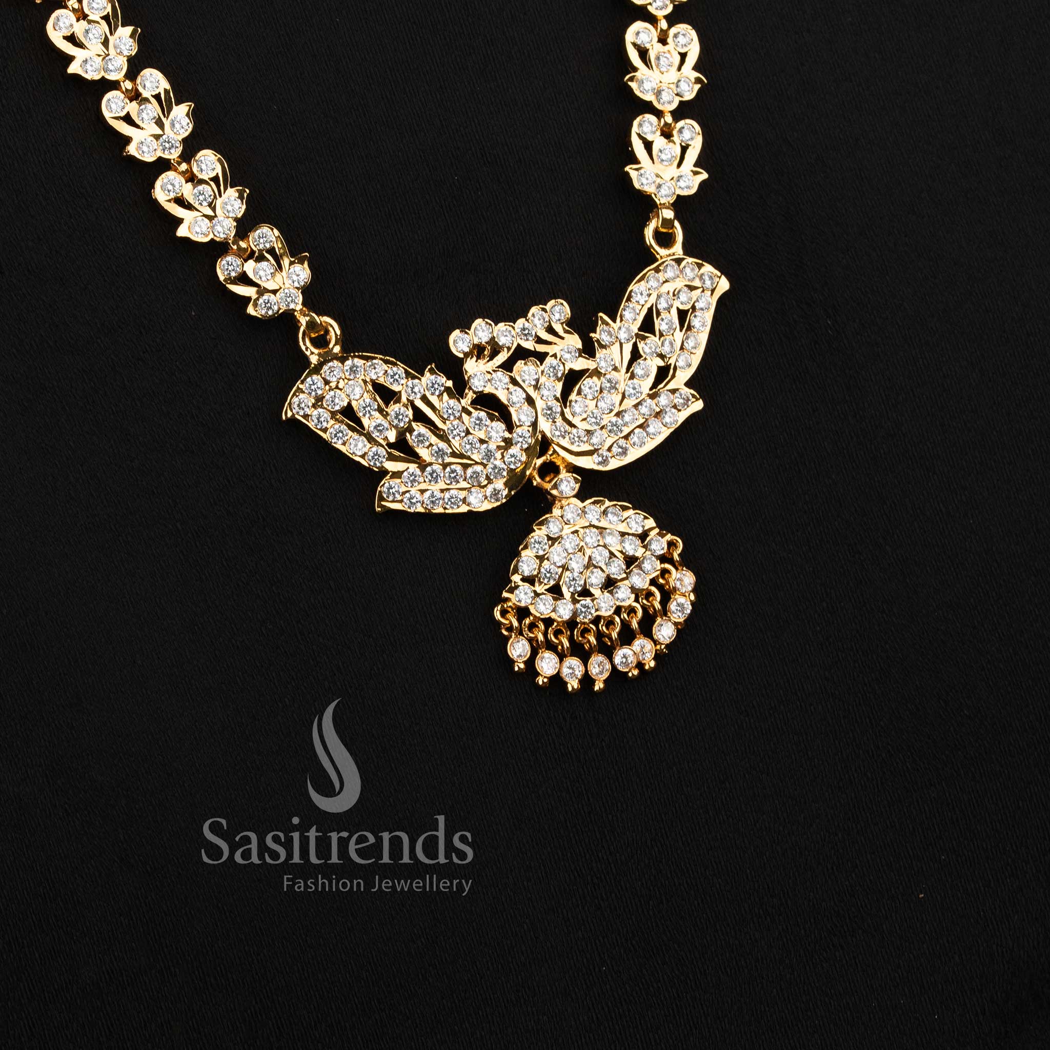 Premium 24k look gold plated long necklace with stone jhumka drop for grand silk sarees.