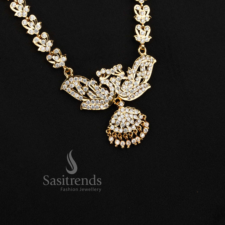 Premium 24k look gold plated long necklace with stone jhumka drop for grand silk sarees.