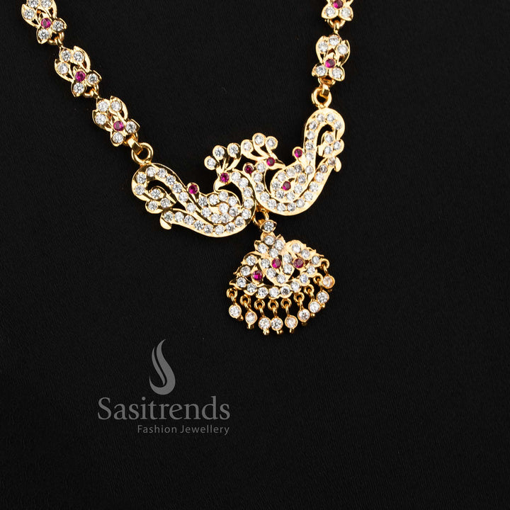 Premium 24k look gold plated long necklace with stone jhumka drop for grand silk sarees.