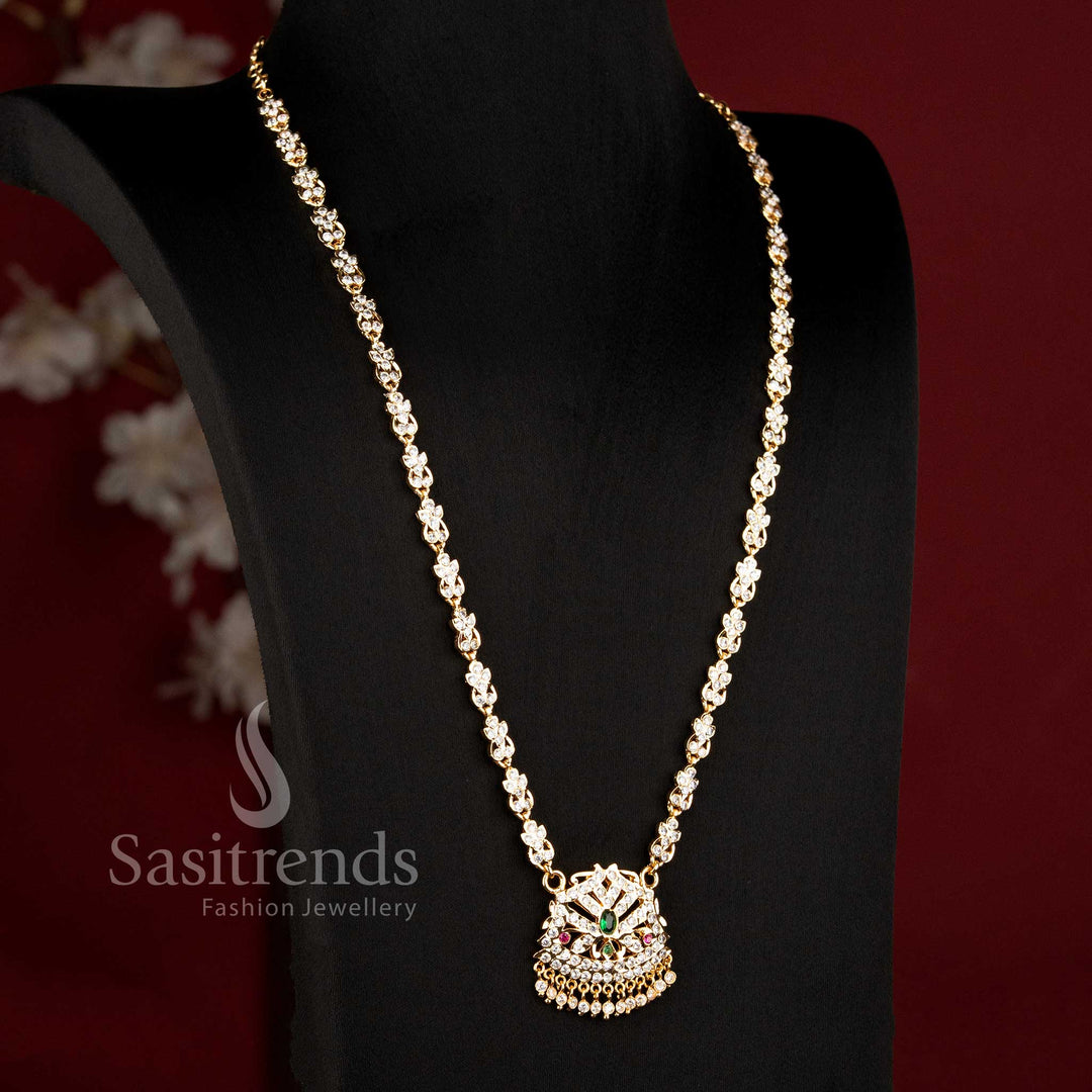 2962E Impon micro gold plated floral Gati Haram necklace with ornamental American Diamond pendant for wedding wear
