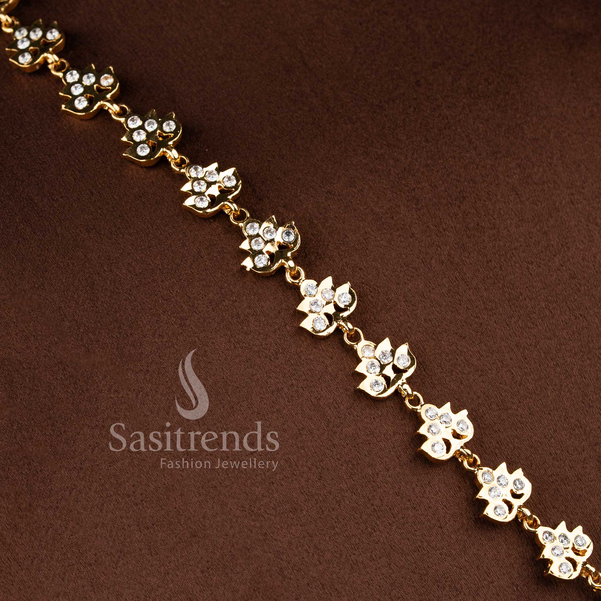 Stylish micro gold plated wedding jewellery haram with brilliant white American Diamond clusters.
