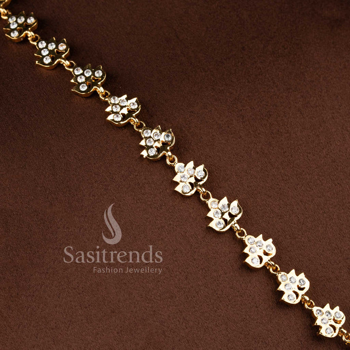 Stylish micro gold plated wedding jewellery haram with brilliant white American Diamond clusters.