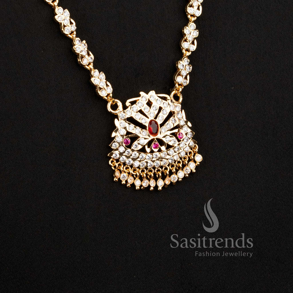 Sasitrends Impon Micro Gold Plated floral link Gati necklace with geometric AD stone pendant and ruby accents 2962E 