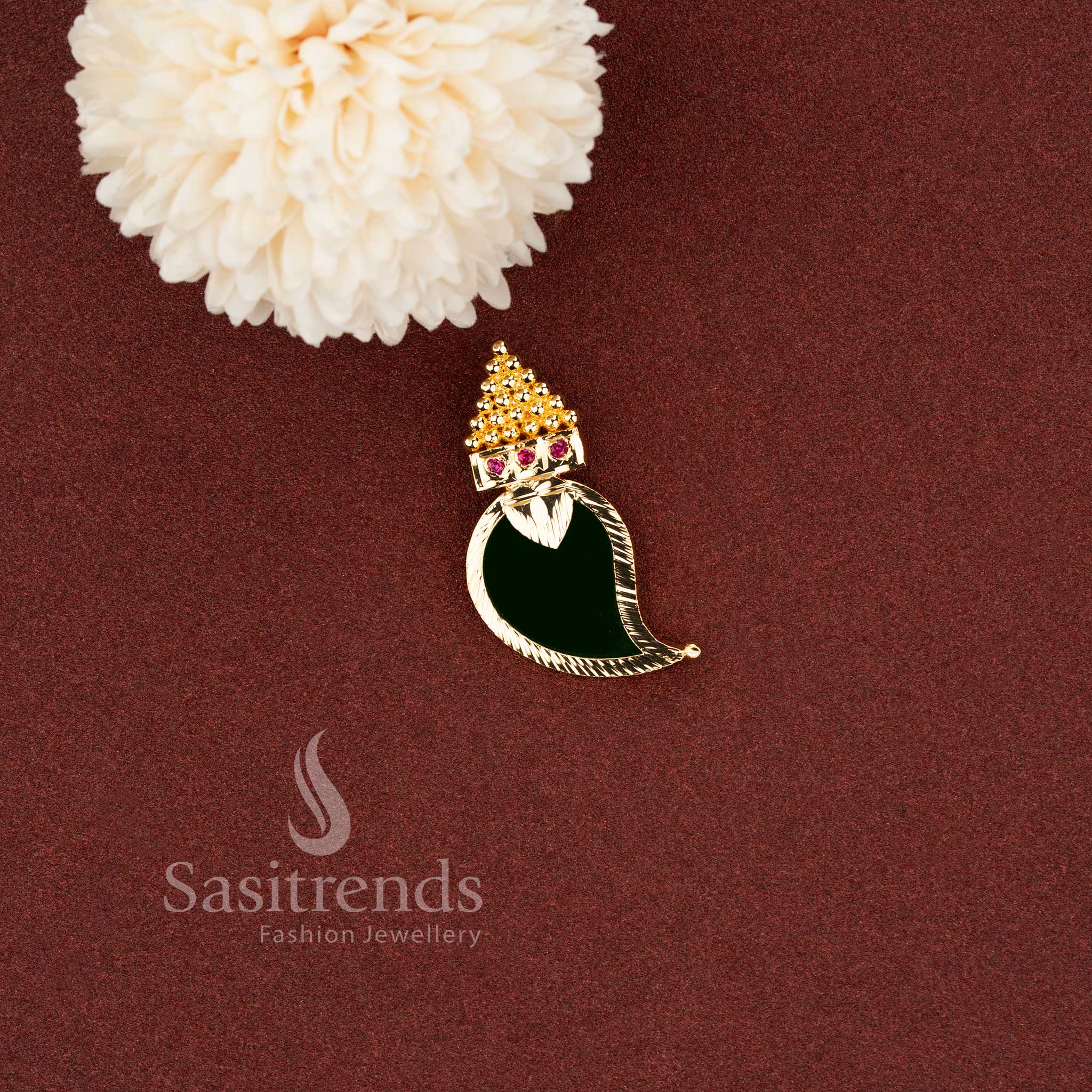 Traditional enamel Mango pendant designed with ruby AD stone accents and gold bead work - Sasitrends