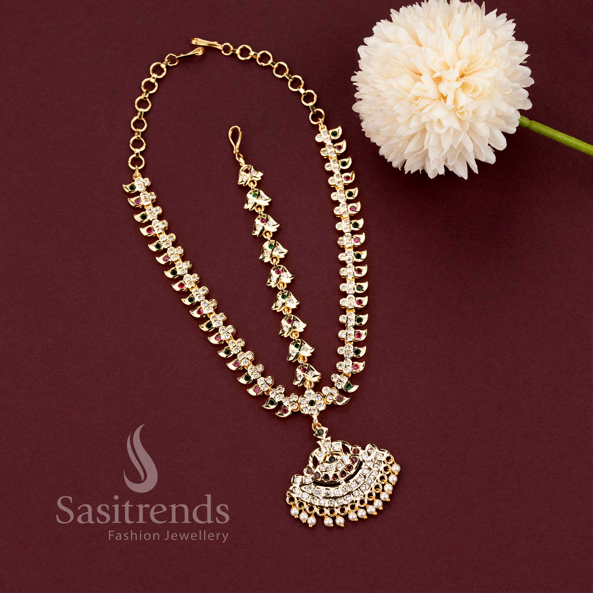 Grand Impon micro gold plated 3-layer matil head accessory with leaf and bell links and a traditional semicircular pearl drop AD pendant by Sasitrends.
