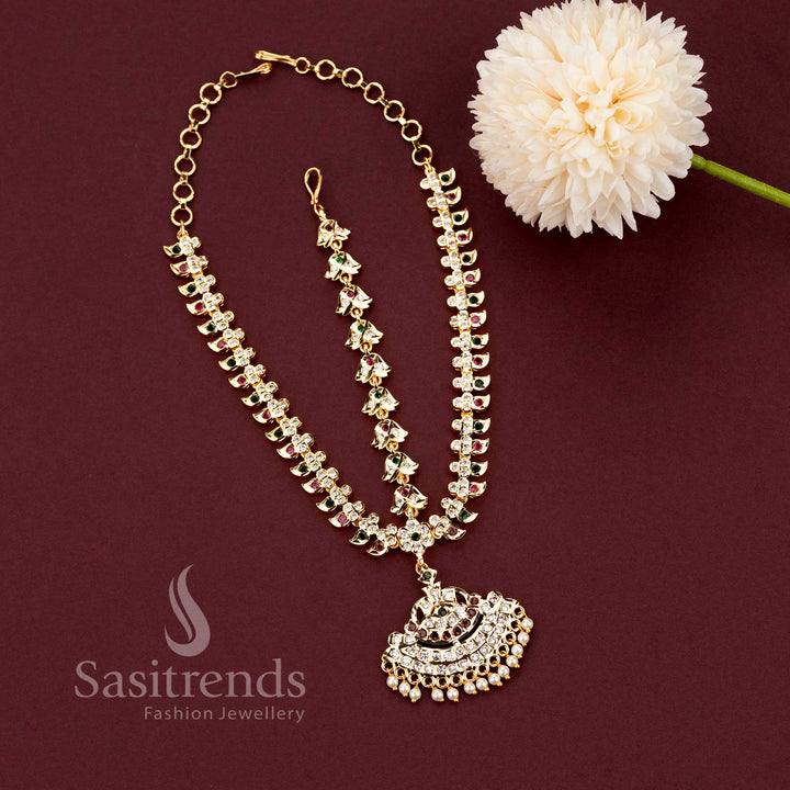 Grand Impon micro gold plated 3-layer matil head accessory with leaf and bell links and a traditional semicircular pearl drop AD pendant by Sasitrends.
