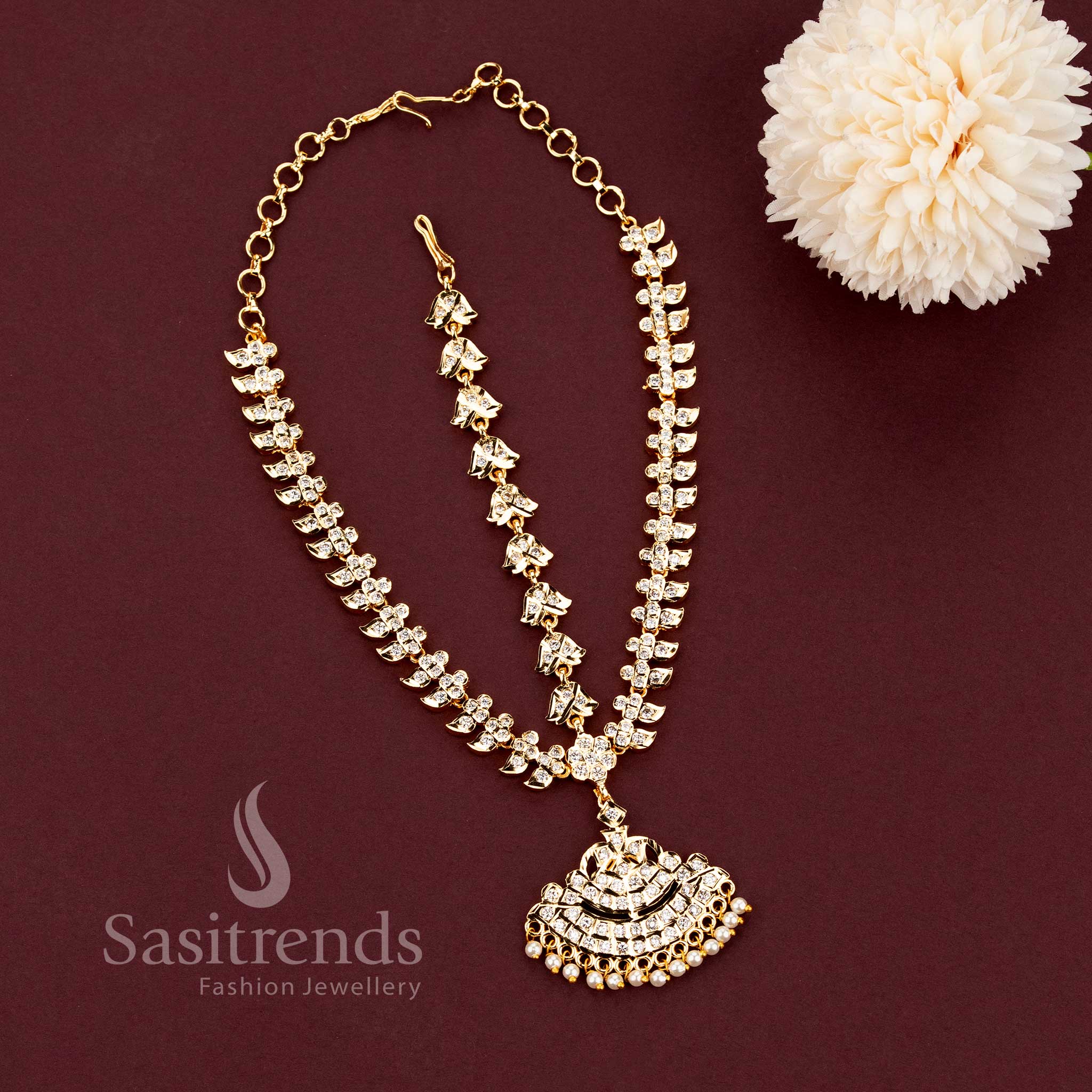 Grand Impon micro gold plated 3-layer matil head accessory with leaf and bell links and a traditional semicircular pearl drop AD pendant by Sasitrends.