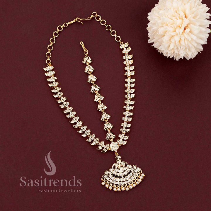 Grand Impon micro gold plated 3-layer matil head accessory with leaf and bell links and a traditional semicircular pearl drop AD pendant by Sasitrends.