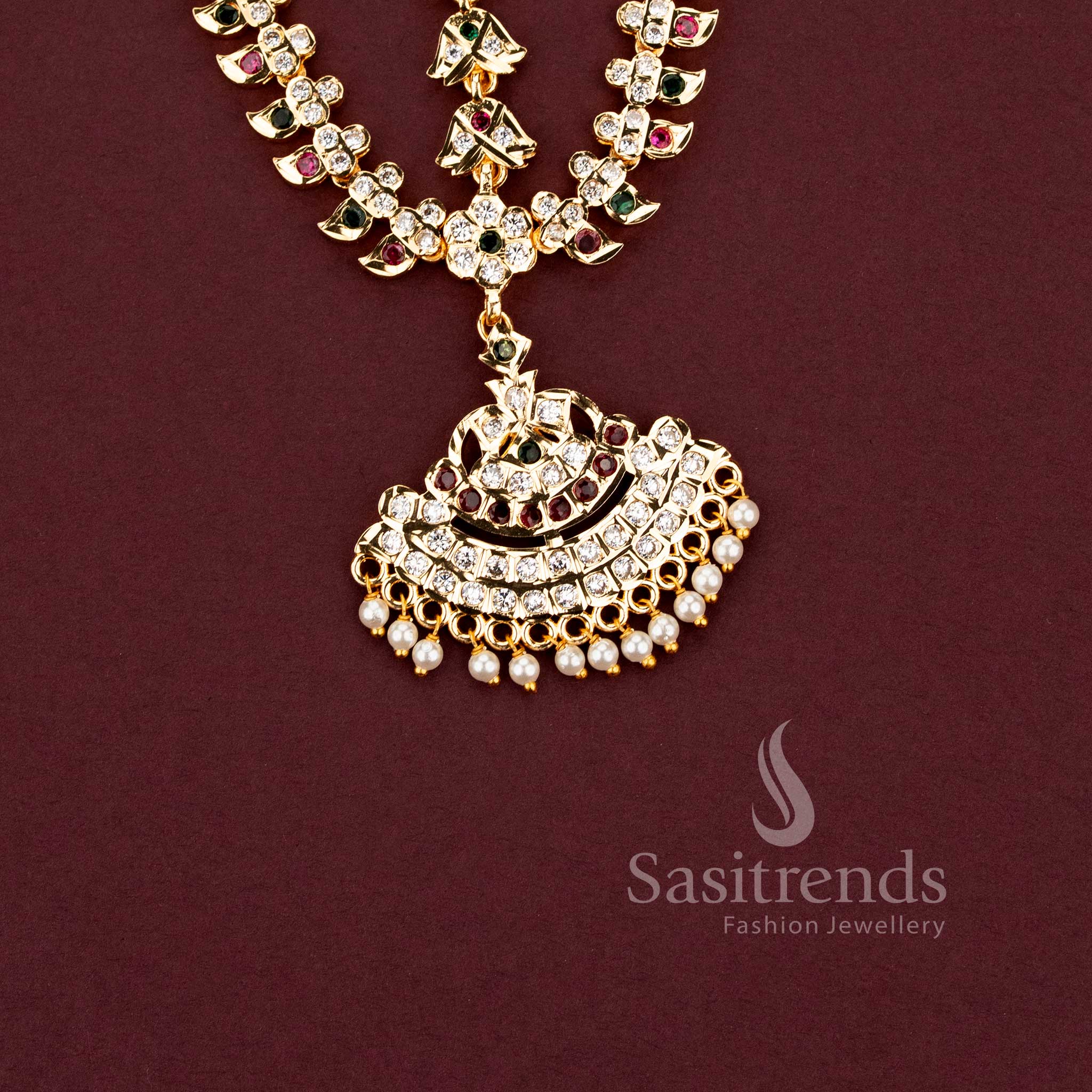 Grand Impon micro gold plated 3-layer matil head accessory with leaf and bell links and a traditional semicircular pearl drop AD pendant by Sasitrends.
