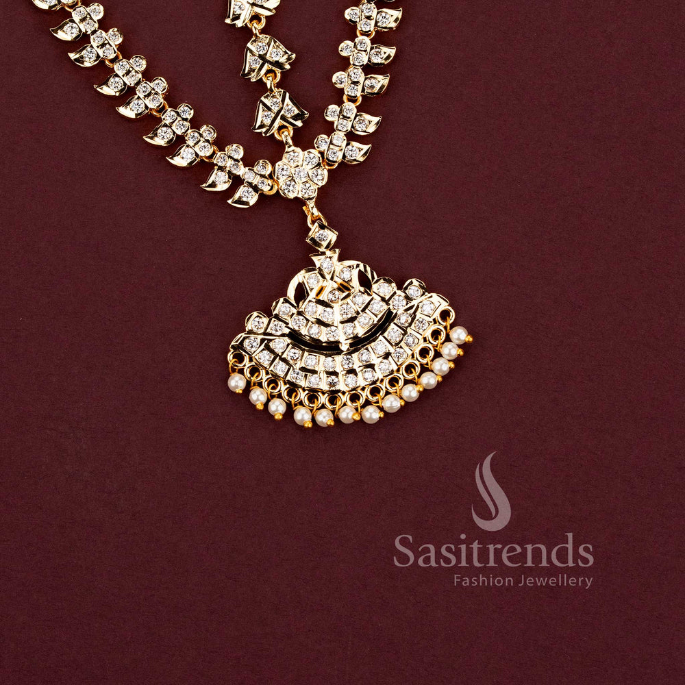 Grand Impon micro gold plated 3-layer matil head accessory with leaf and bell links and a traditional semicircular pearl drop AD pendant by Sasitrends.