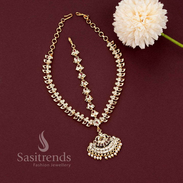 Guaranteed 24 carat look gold plated traditional bridal hair ornament ensemble for grand silk sarees.