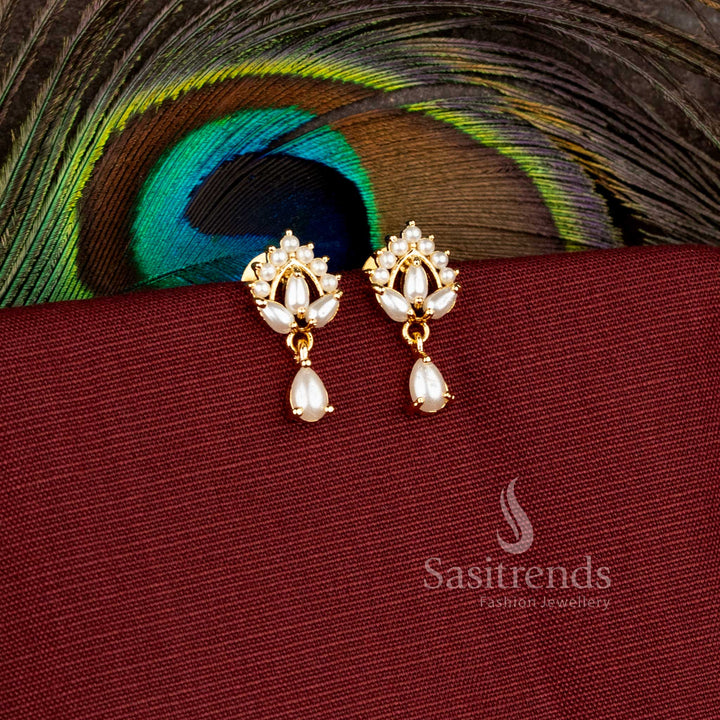 Traditional floral design earrings with hanging drop pattern and sparkling AD stones - Sasitrends
