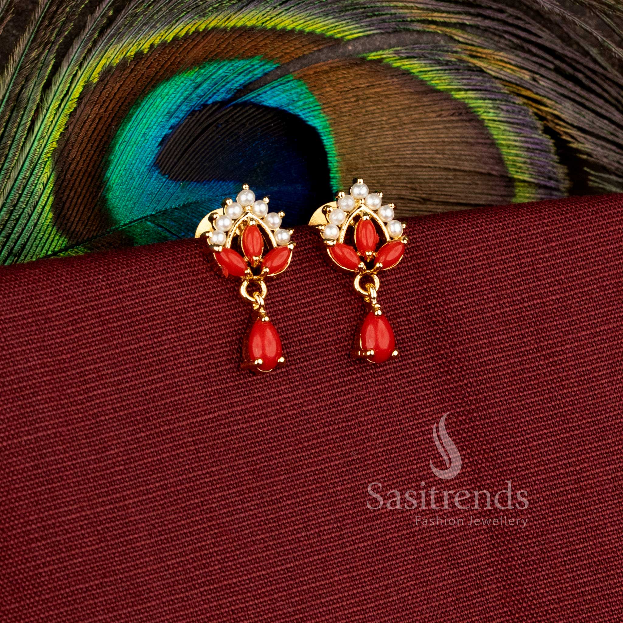 Traditional floral design earrings with hanging drop pattern and sparkling AD stones - Sasitrends