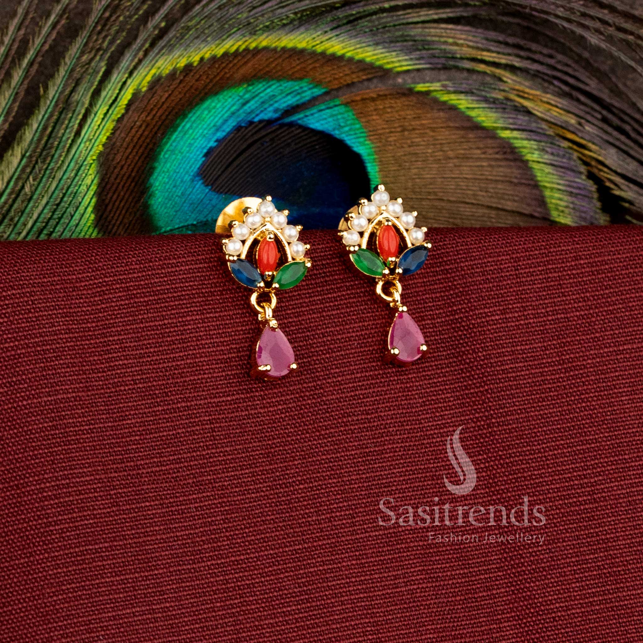 Traditional floral design earrings with hanging drop pattern and sparkling AD stones - Sasitrends