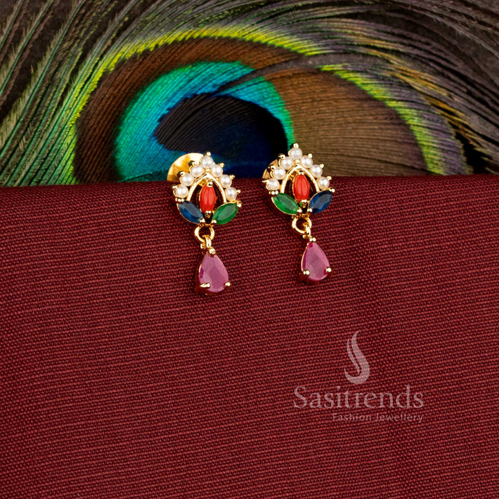 Traditional floral design earrings with hanging drop pattern and sparkling AD stones - Sasitrends