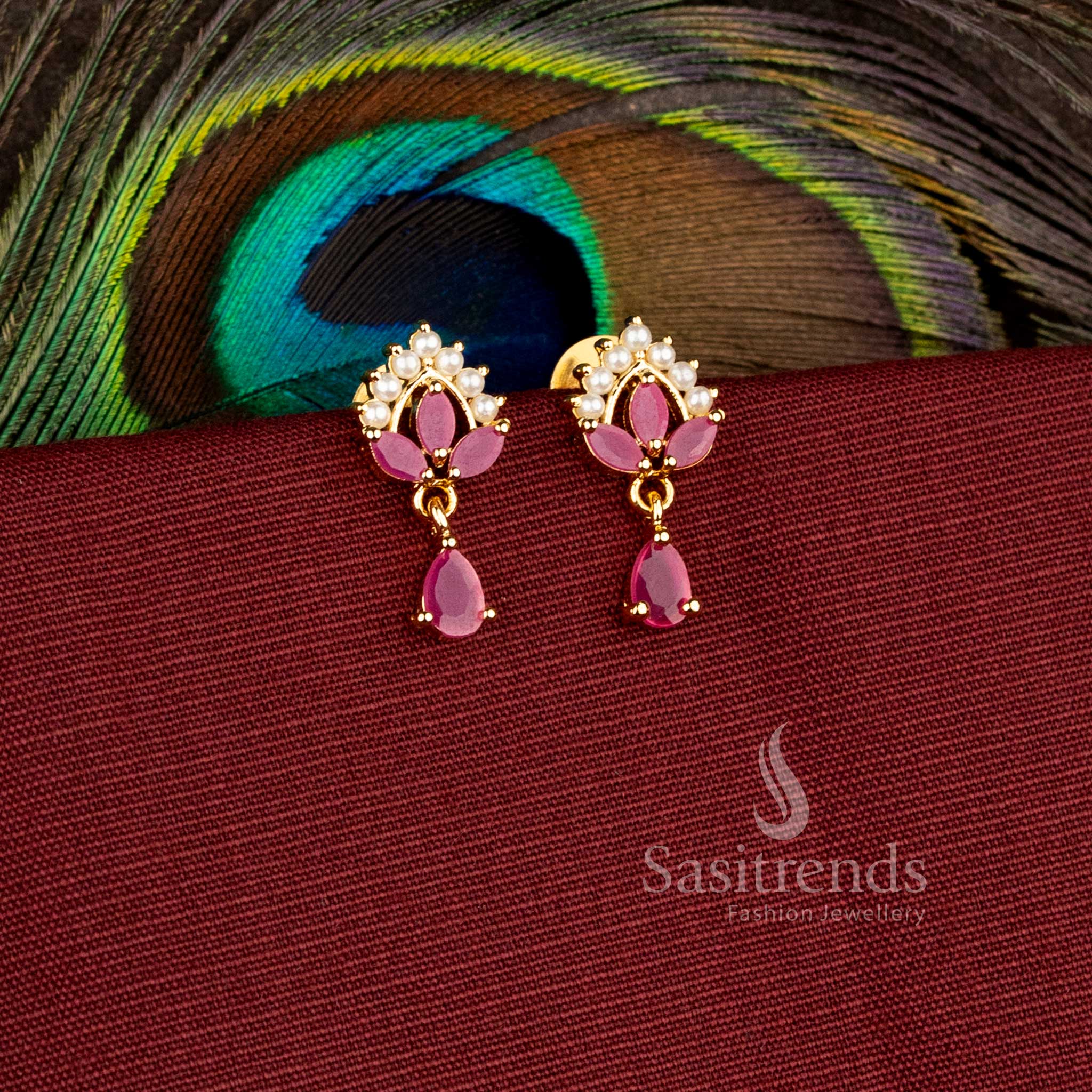 Traditional floral design earrings with hanging drop pattern and sparkling AD stones - Sasitrends