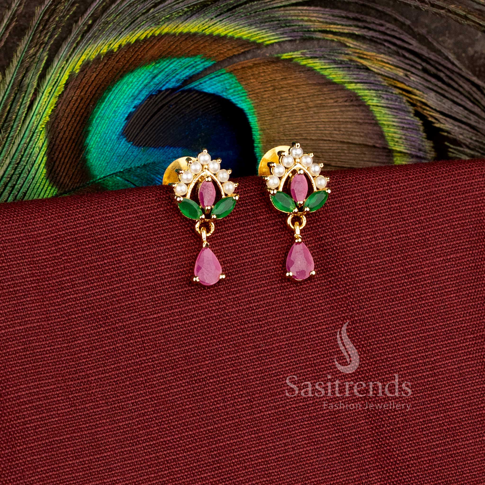 Designer floral drop earrings with premium brass craftsmanship and Pearl-Ruby Green AD stone finish - Sasitrends