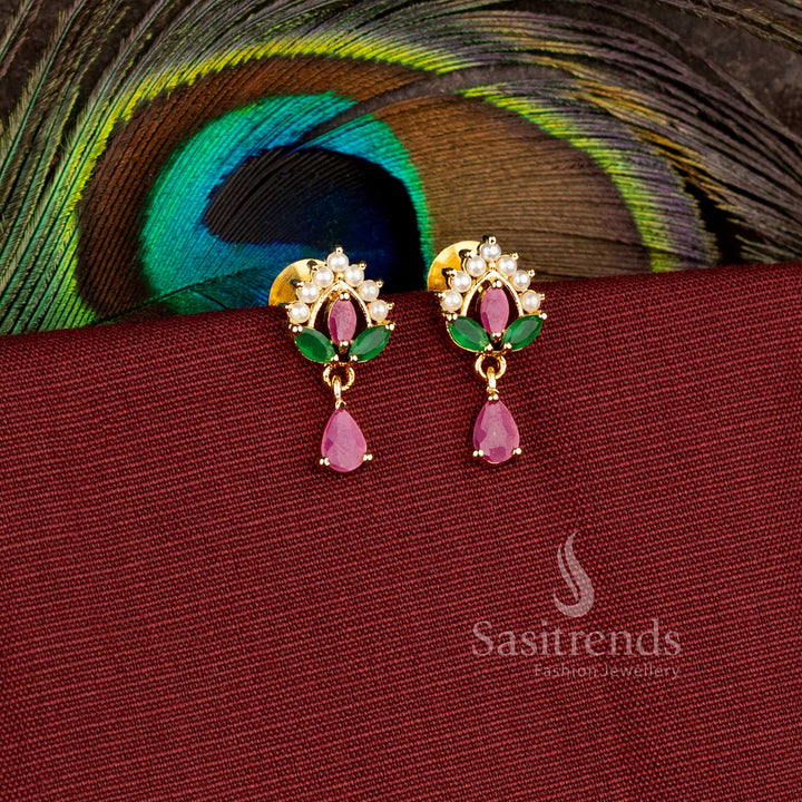 Designer floral drop earrings with premium brass craftsmanship and Pearl-Ruby Green AD stone finish - Sasitrends