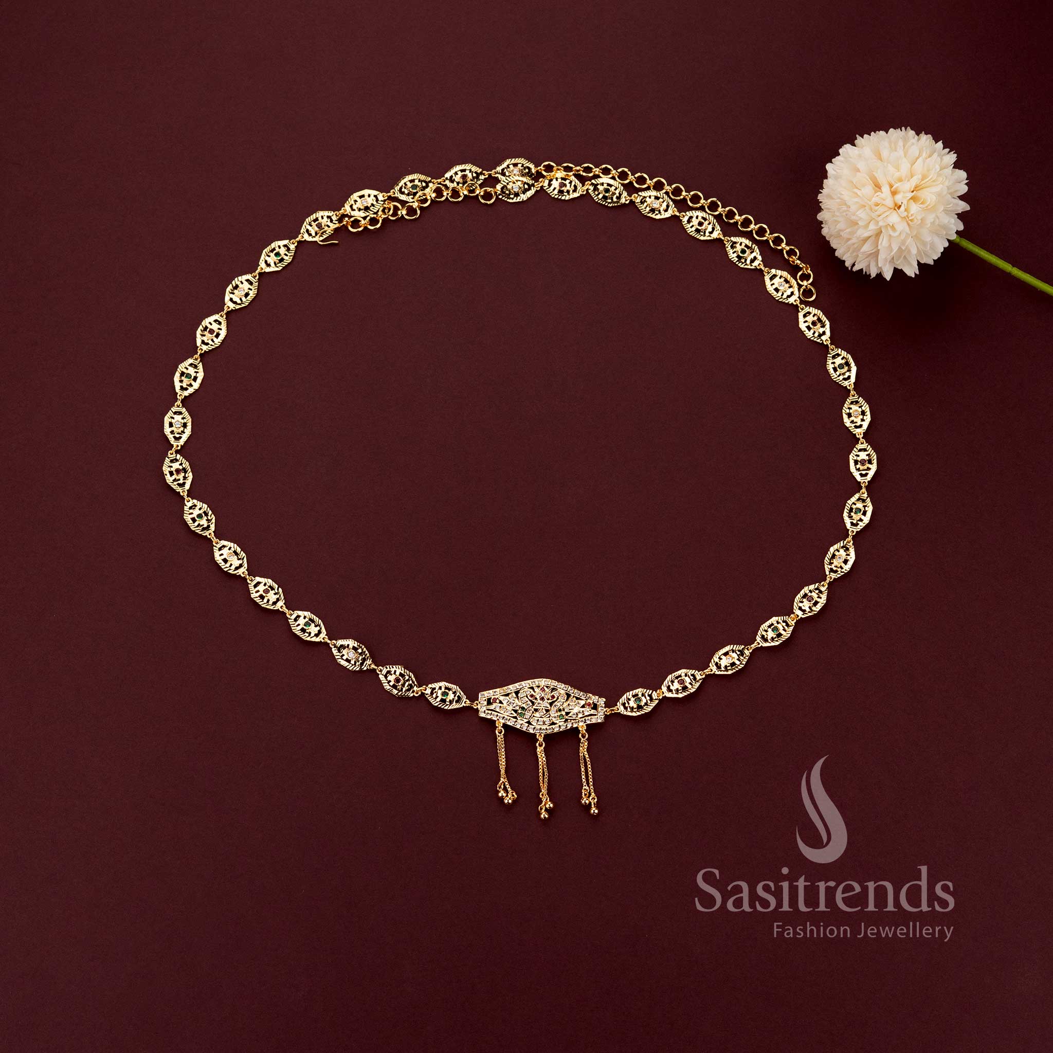 Impon micro gold plated textured oval link bridal hipbelt with a traditional twin peacock center plate by Sasitrends