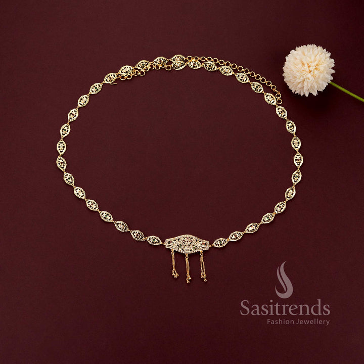 Impon micro gold plated textured oval link bridal hipbelt with a traditional twin peacock center plate by Sasitrends