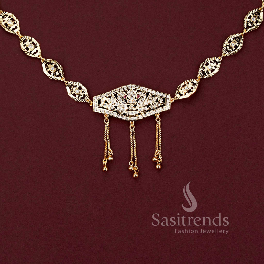 Stylish micro gold plated festive jewellery kamarpatti belt with brilliant American Diamond stone clusters.