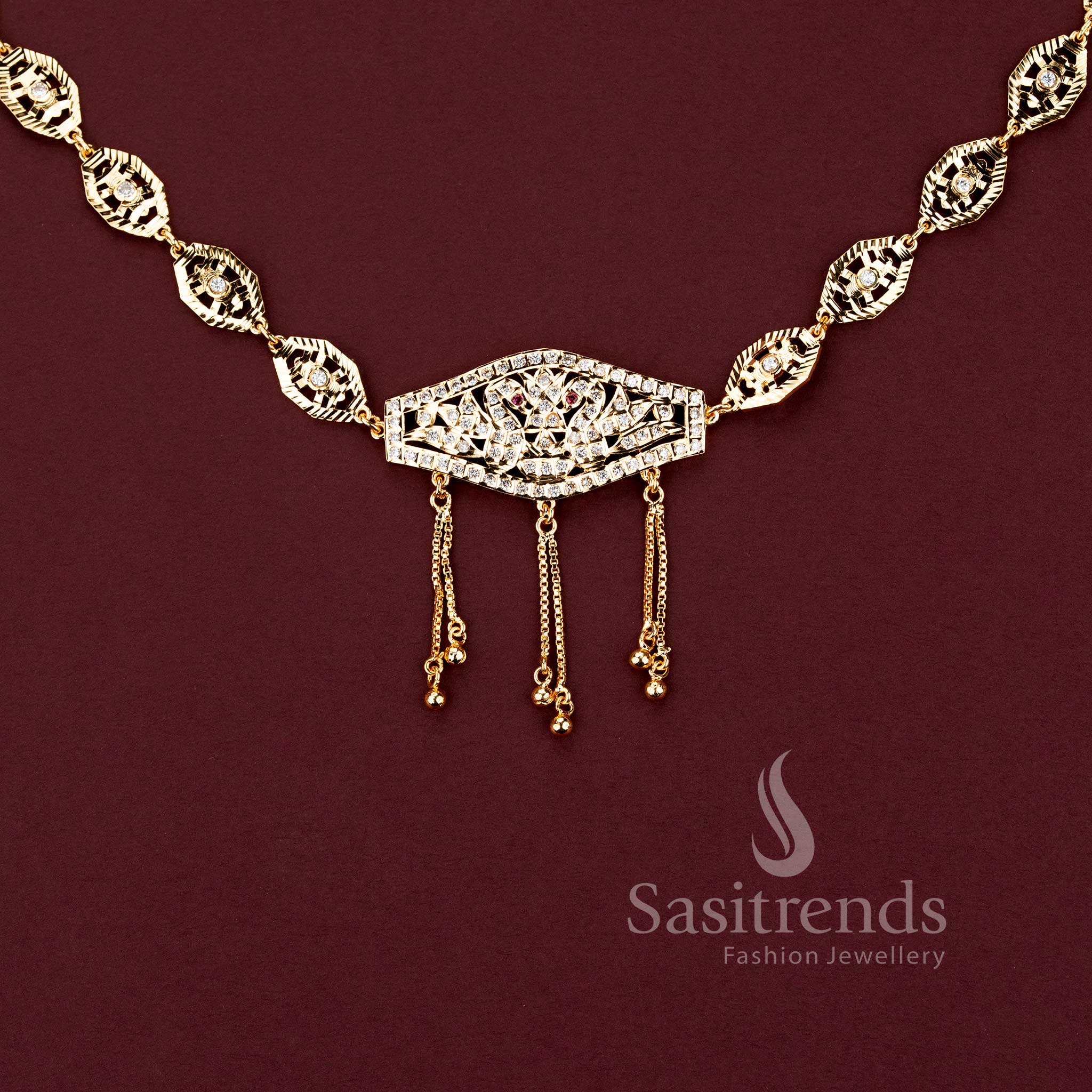Stylish micro gold plated festive jewellery kamarpatti belt with brilliant American Diamond stone clusters.
