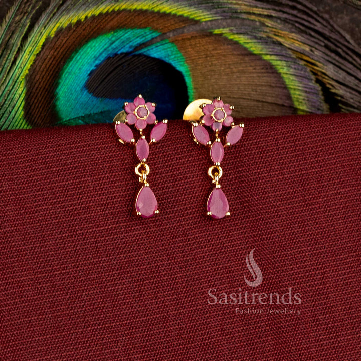  Floral dewdrop one gram micro gold plated AD stone earrings with elegant hanging design - Sasitrends
