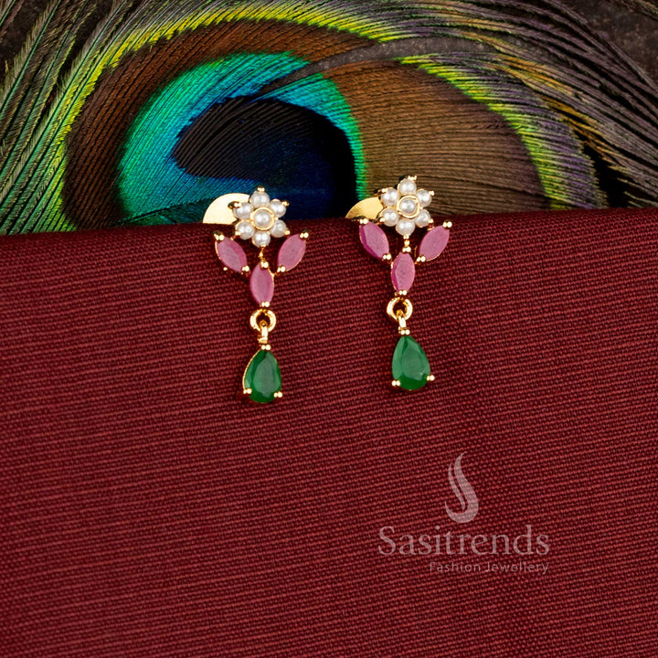 Floral dewdrop one gram micro gold plated AD stone earrings with elegant hanging design - Sasitrends