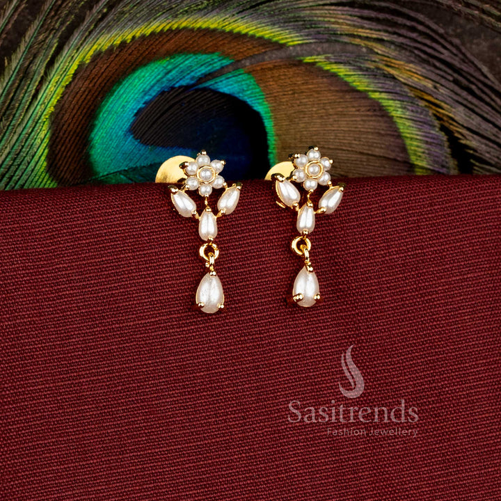 Floral dewdrop one gram micro gold plated AD stone earrings with elegant hanging design - Sasitrends
