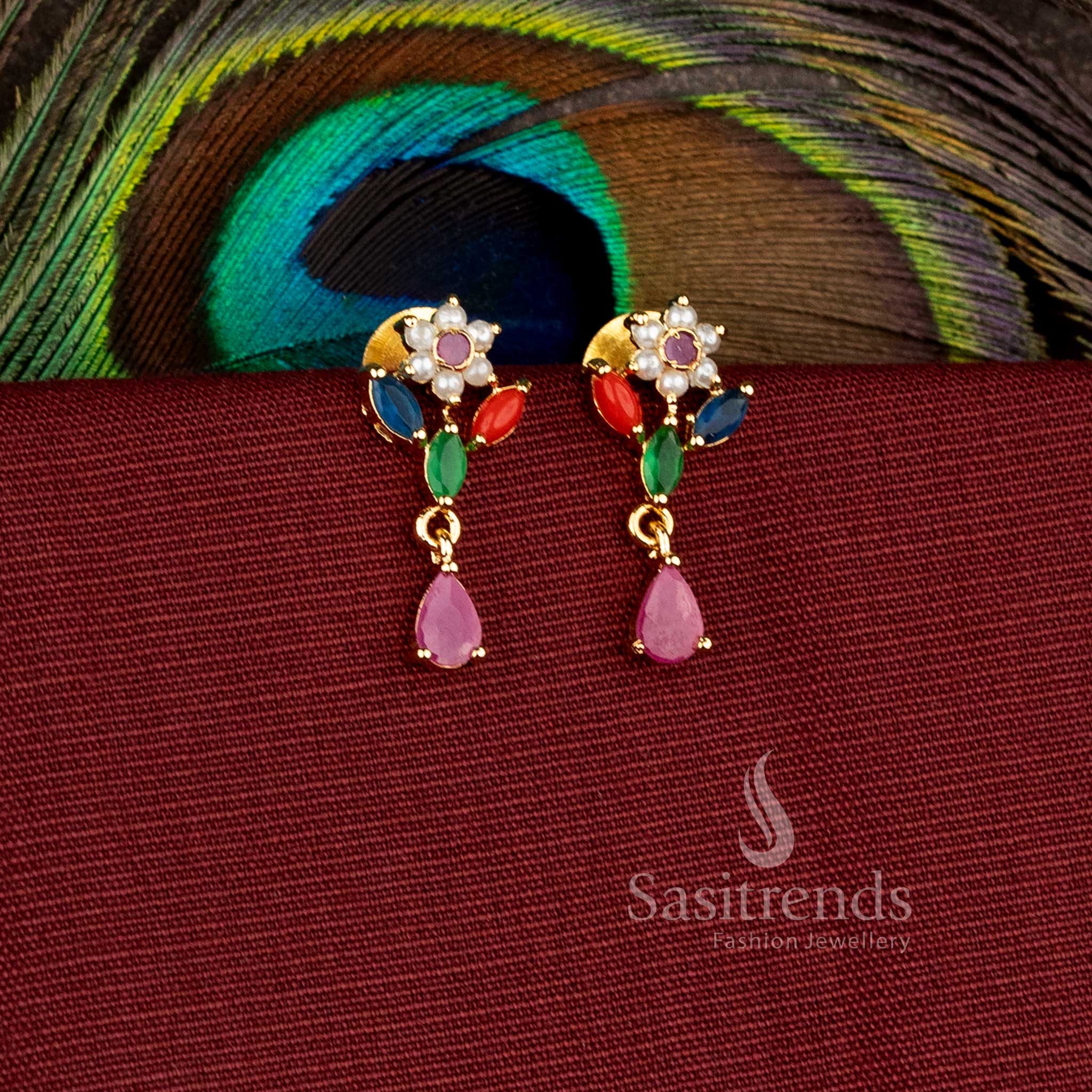 Floral dewdrop one gram micro gold plated AD stone earrings with elegant hanging design - Sasitrends