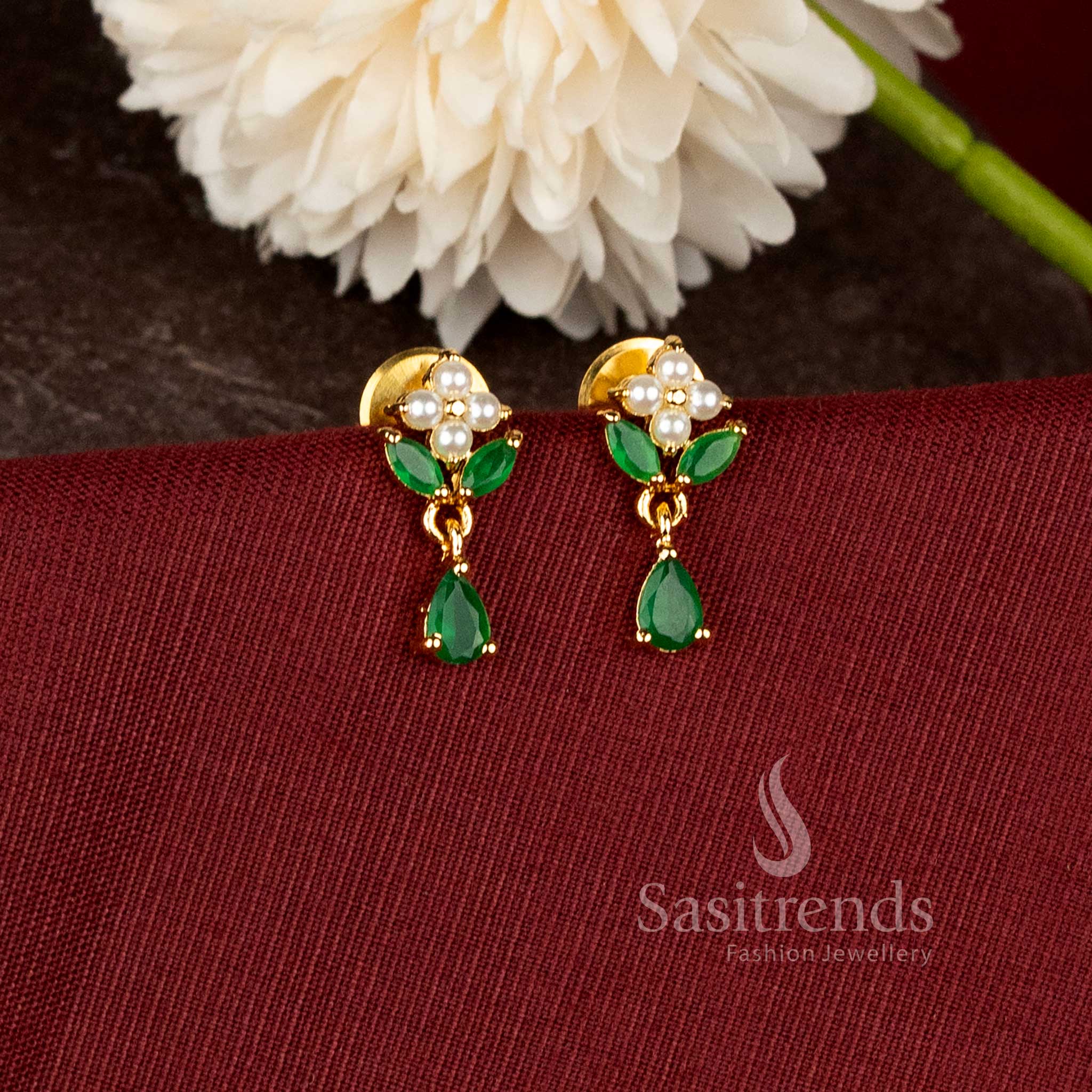 Traditional teardrop earrings with ad stone floral design and rich real gold look finish - Sasitrends