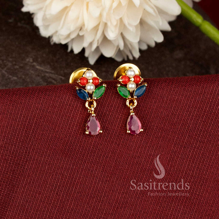 Traditional teardrop earrings with ad stone floral design and rich real gold look finish - Sasitrends