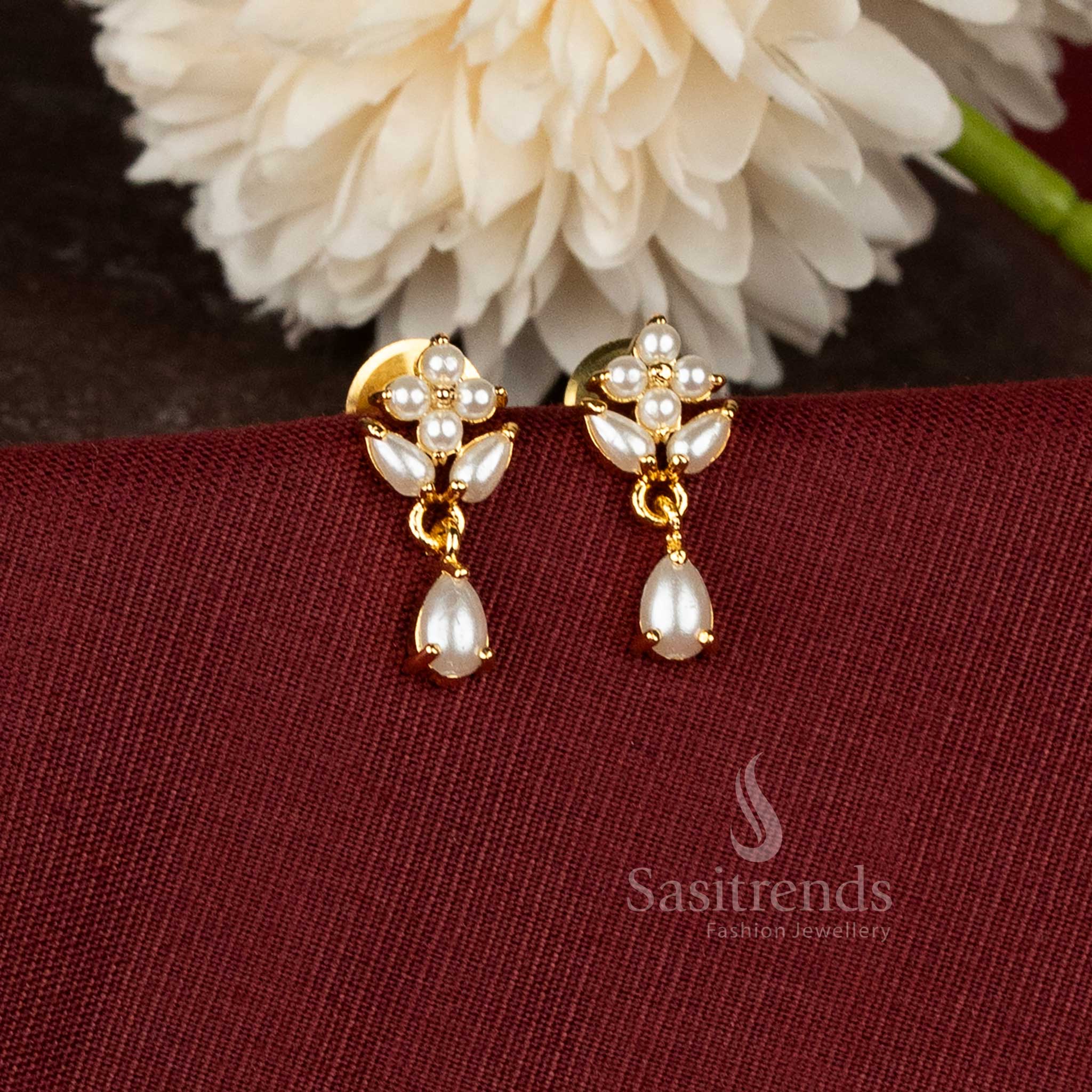 Beautiful Collection One Gram Micro Gold Plated Drop Floral Stud Earrings with Real Gold Look Finish for Women - Sasitrends