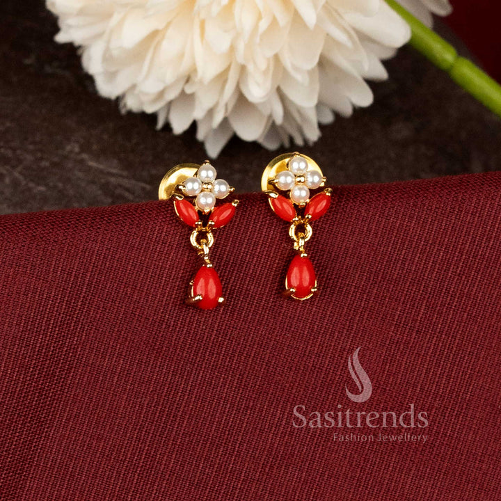 Traditional teardrop earrings with ad stone floral design and rich real gold look finish - Sasitrends