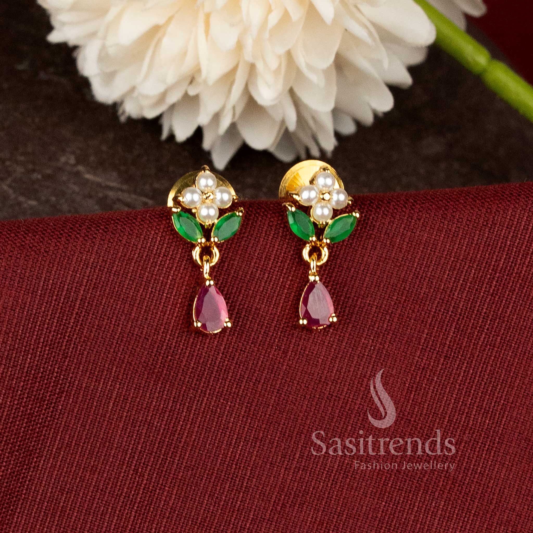Designer one gram micro gold plated earrings with teardrops and sparkling green stone craftsmanship - Sasitrends