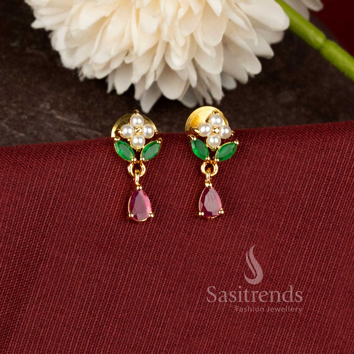 Designer one gram micro gold plated earrings with teardrops and sparkling green stone craftsmanship - Sasitrends