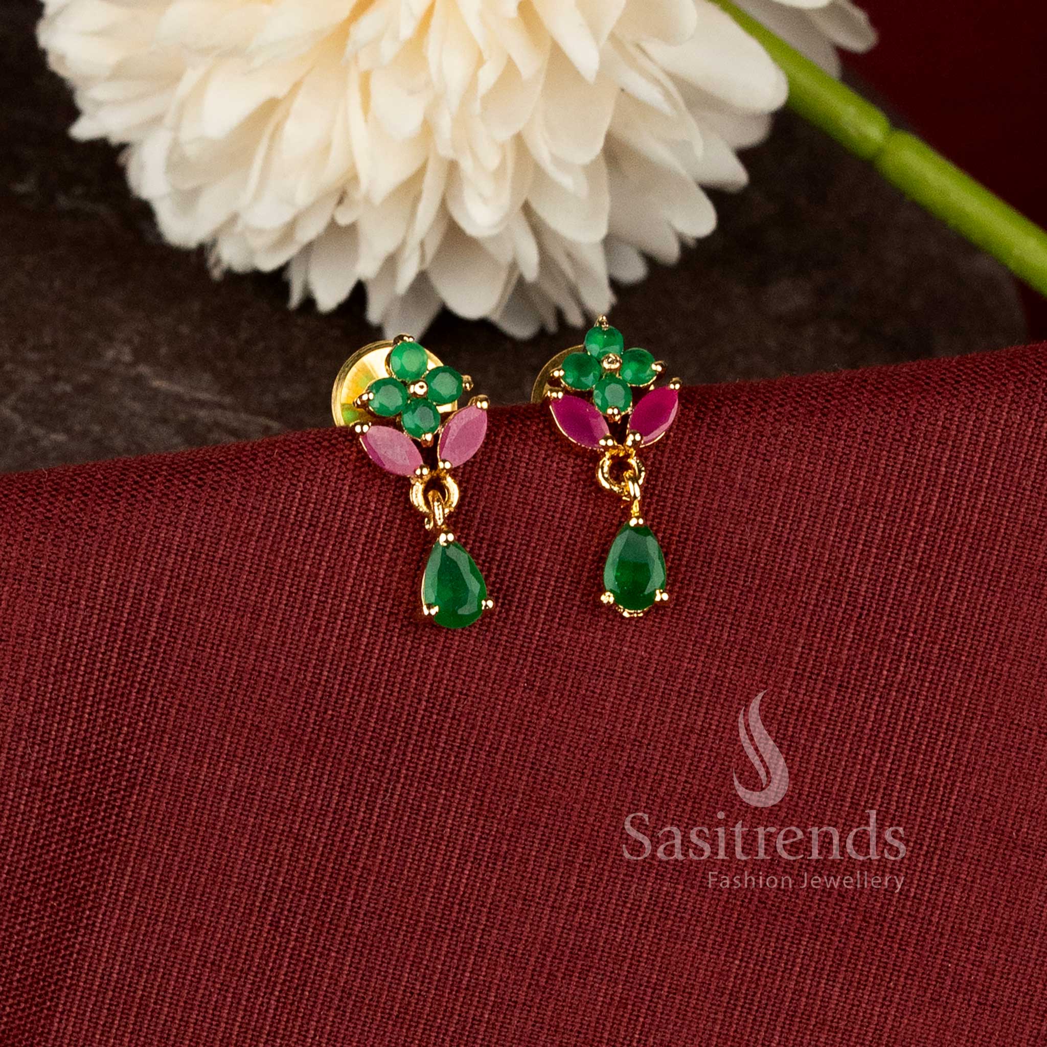 Traditional teardrop earrings with ad stone floral design and rich real gold look finish - Sasitrends