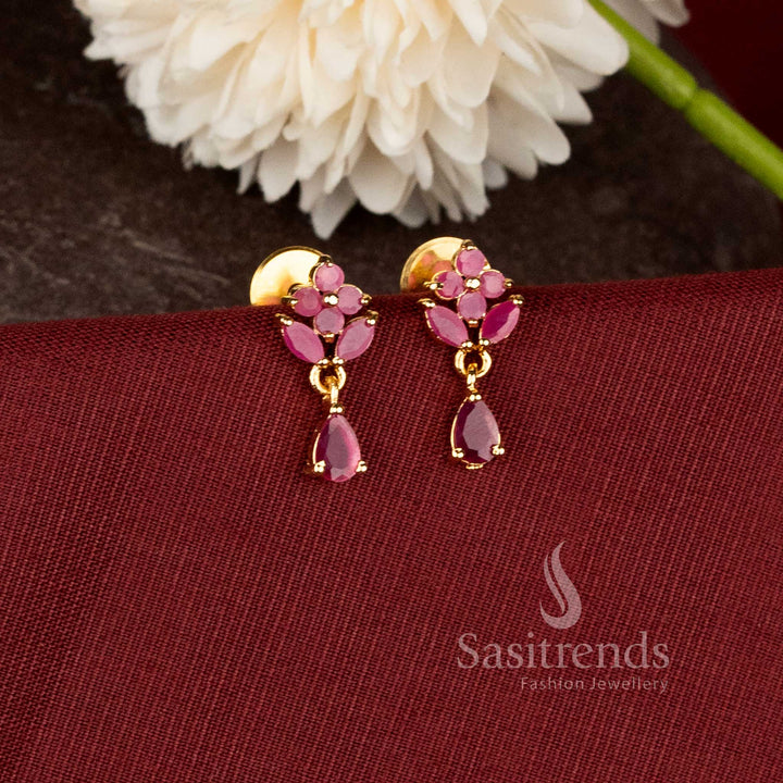 Traditional teardrop earrings with ad stone floral design and rich real gold look finish - Sasitrends