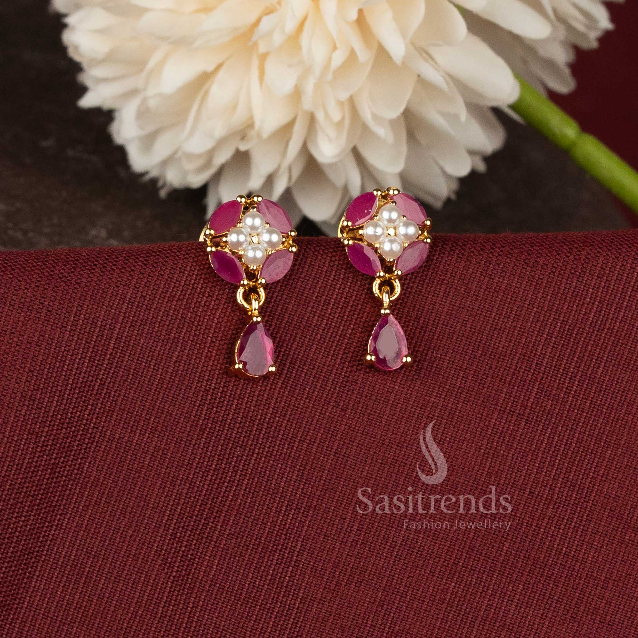 One Gram Micro Gold Plated Pearl Drop Floral Earrings with Real Gold Look Finish for Women - Sasitrends