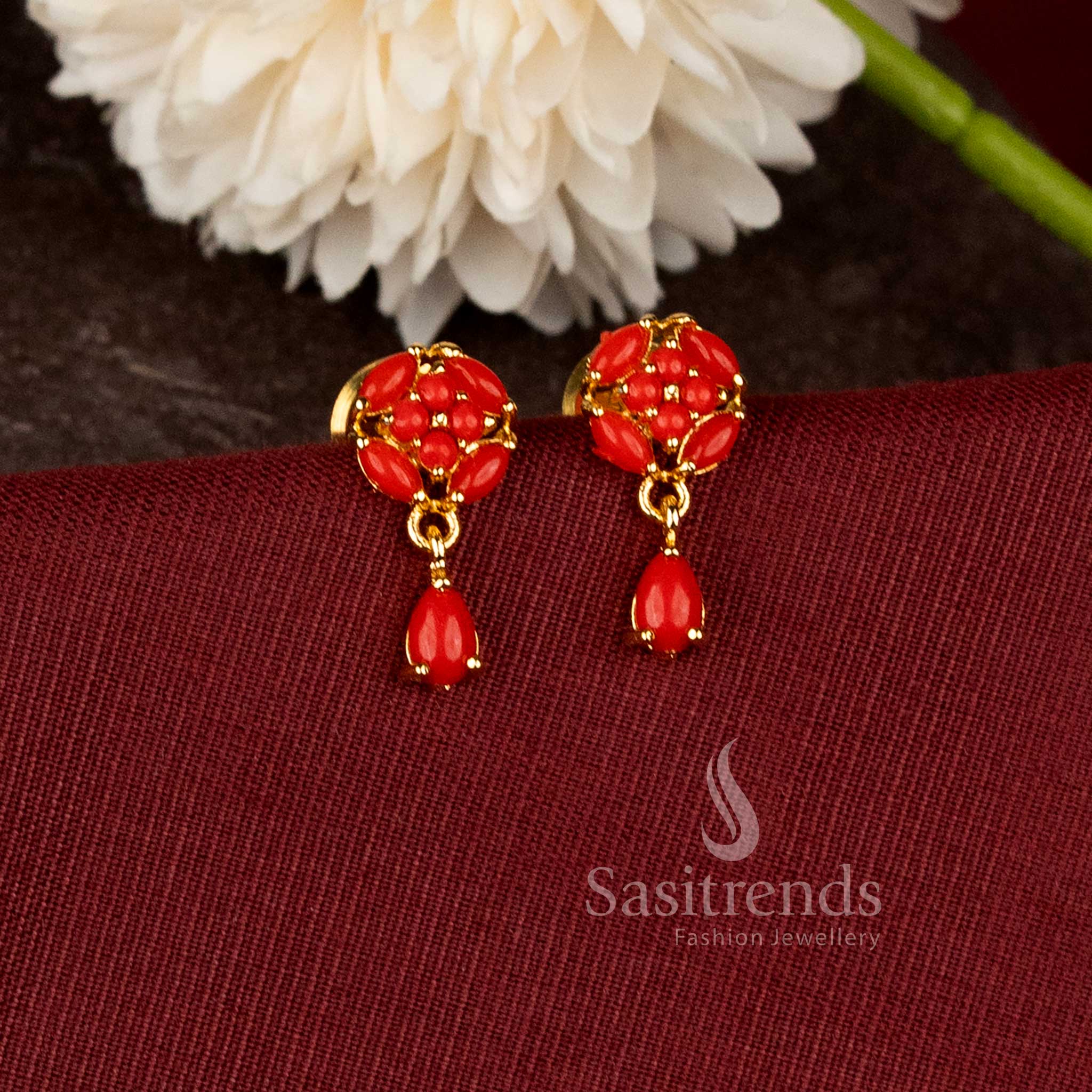 Elegant Micro Gold Plated Floral Stone and Drop Earrings for Party Wear and Traditional Styling - Sasitrends