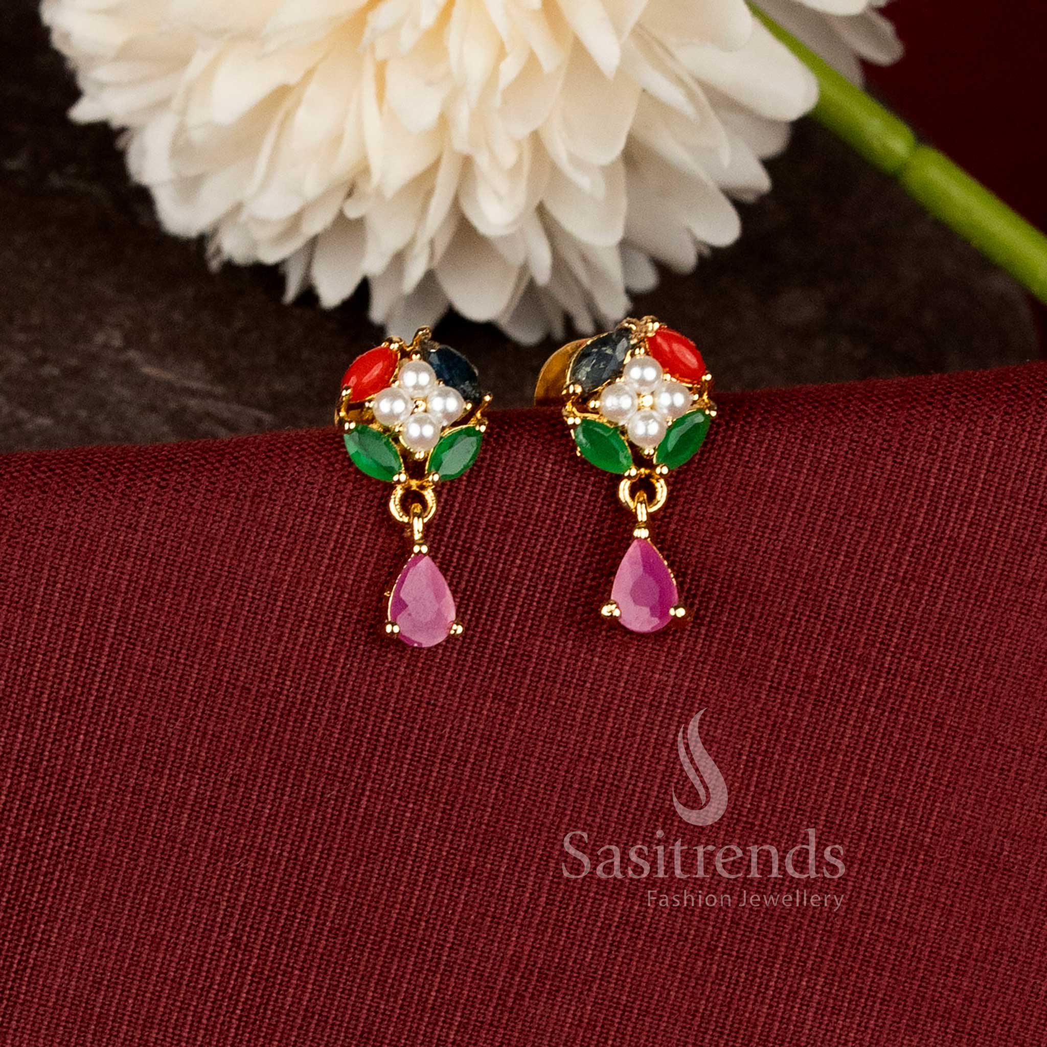 Micro Gold Plated Designer Floral Drop Earrings with Pearl Accents and Rich Gold Finish - Sasitrends