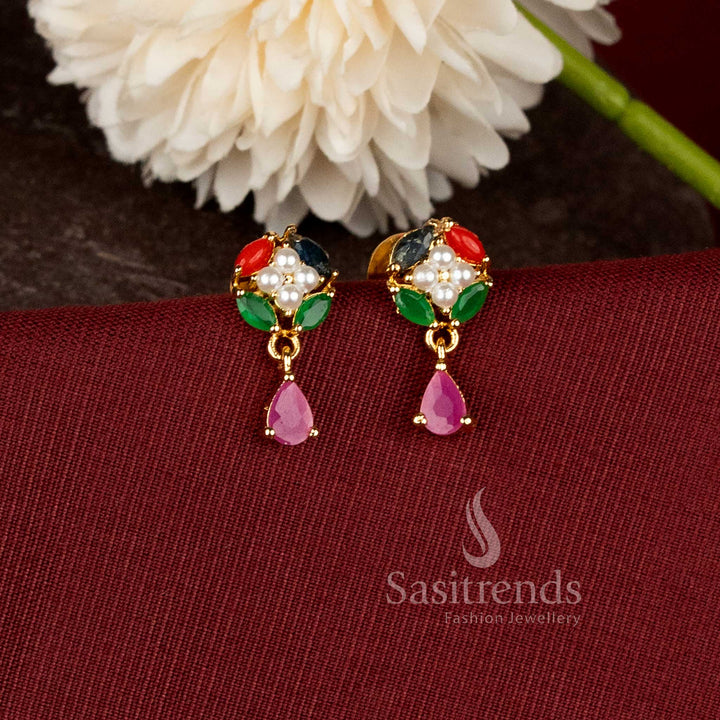 Micro Gold Plated Designer Floral Drop Earrings with Pearl Accents and Rich Gold Finish - Sasitrends