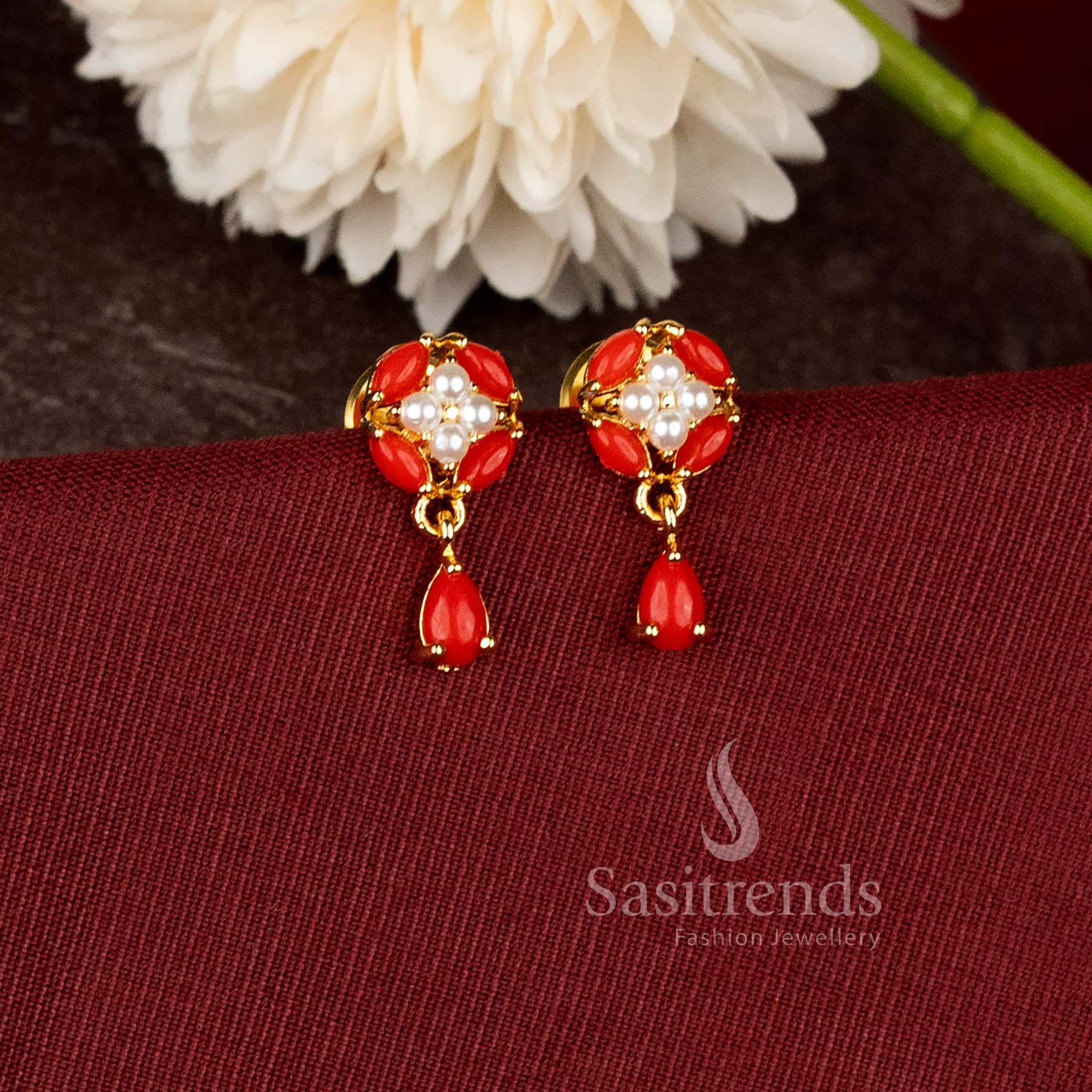 Micro Gold Plated Designer Floral Drop Earrings with Pearl Accents and Rich Gold Finish - Sasitrends