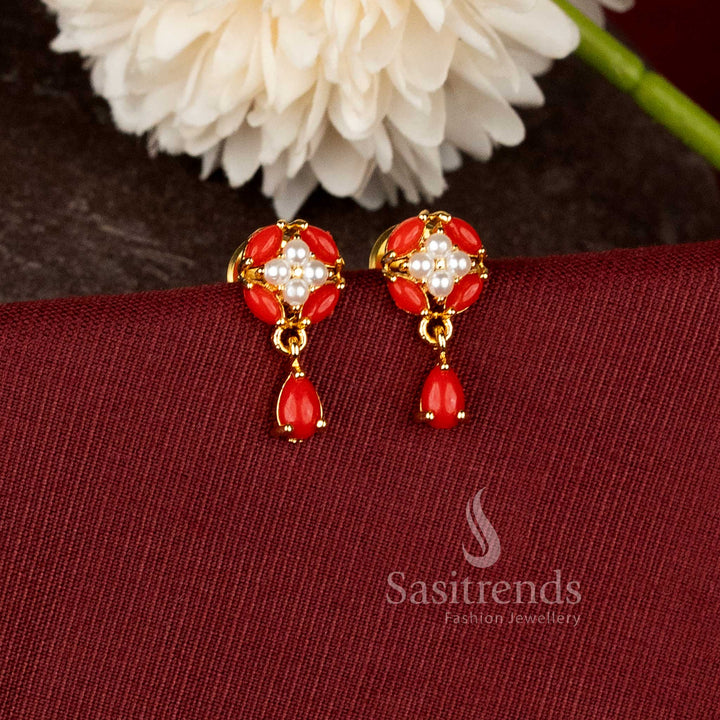 Micro Gold Plated Designer Floral Drop Earrings with Pearl Accents and Rich Gold Finish - Sasitrends